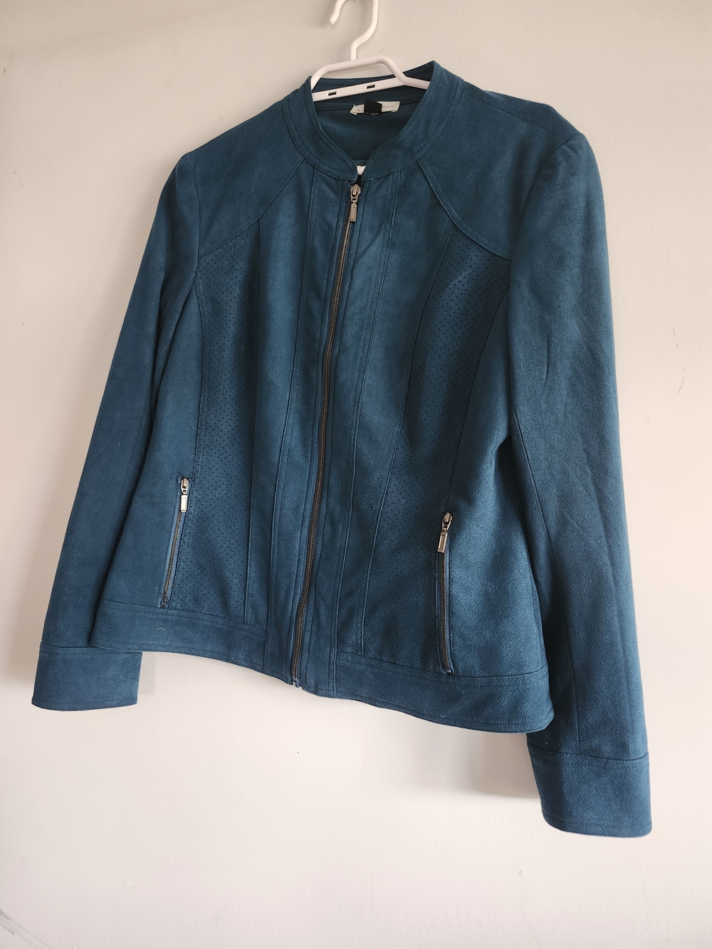 Northern Reflections Teal Faux Suede Zip Up Jacket | Peacock Blue Moto Style